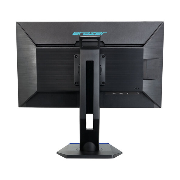 Schwarzer Monitor mit schmalem Rahmen auf silberfarbenem Standfuß, der Bildschirm zeigt eine farbenfrohe Grafik. Das Produkt ist ein Full HD Monitor Spectator.