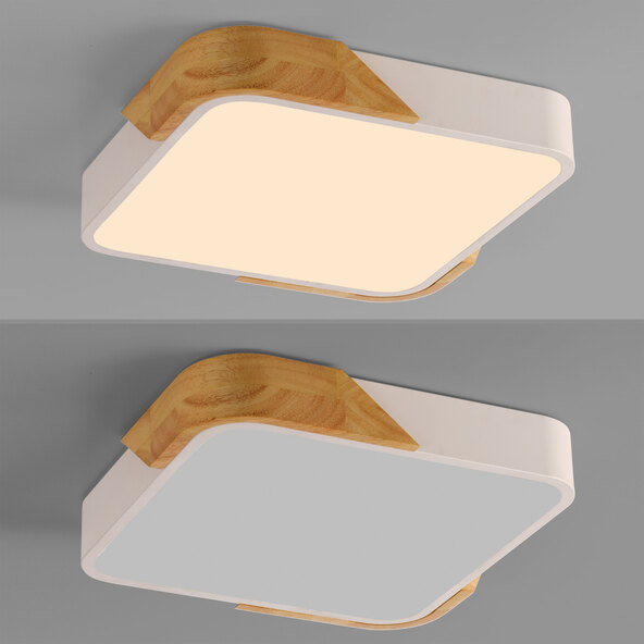 Weiße, quadratische LED-Deckenleuchte BILA mit abgerundeten Ecken. Die Leuchte ist flach und strahlt ein helles, gleichmäßiges Licht aus.
