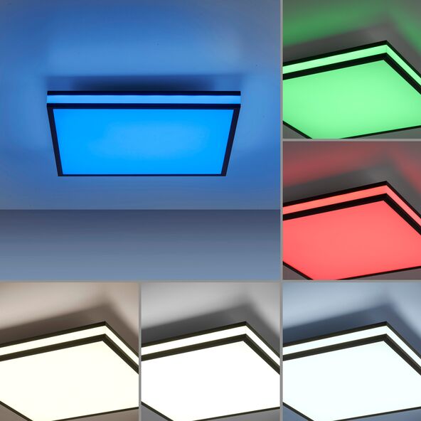 Schwarze, quadratische LED-Deckenleuchte Mario mit abgerundeten Ecken. Das Licht scheint hell und gleichmäßig durch die weiße, matte Oberfläche.
