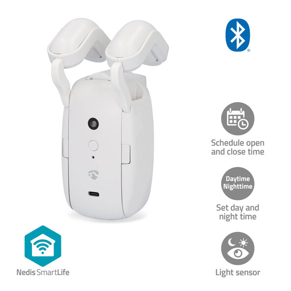 Vorhang Roboter SmartLife an einer Gardinenstange befestigt, der einen Vorhang automatisch öffnet und schließt. Fokus liegt auf dem Gerät und dem Stoff.