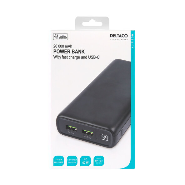 Powerbank PB-C1004 mit 20.000 mAh, 1x USB-C PD 60 W & 2x USB-A Fast Charge