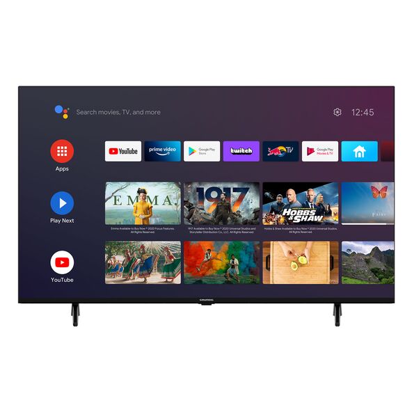 Freistehender Android Smart-TV mit schlankem, schwarzem Rahmen. Der Bildschirm zeigt ein farbenfrohes, dynamisches Bild. Der Fernseher steht auf zwei schmalen Füßen.