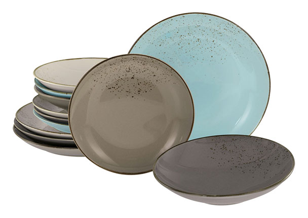 Tafelservice Nature Collection Scandic, 12-tlg. Zwölf Teile eines Geschirrs Nature Collection Scandic in Naturtönen, bestehend aus Tellern und Schalen, arrangiert auf weißem Hintergrund.