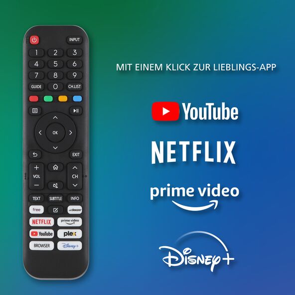 Flacher HD Ready Fernseher mit schmalem Rahmen, auf einem schwarzen Standfuß stehend. Auf dem Bildschirm ist eine helle, unspezifische Szene zu sehen.