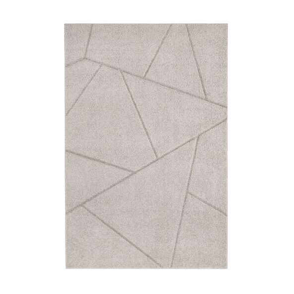 Teppich mit abstraktem, geometrischem Muster in verschiedenen Farben und Größen, freigestellt vor neutralem Hintergrund.
