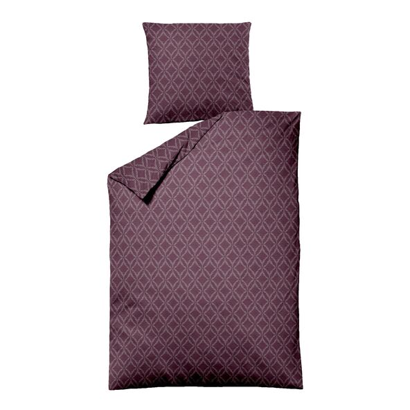 Bettwäsche Jacquard-Feinbiber Grafik bordeaux, bestehend aus einem Kissen- und einem Bettbezug. Das Muster zeigt stilisierte, florale Elemente in Bordeaux- und Beigetönen auf hellem Grund.