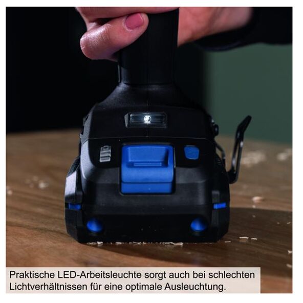 Akku-Bohrschrauber Set mit 2 Ah Akku und Ladegerät. Das Gerät ist schwarz-blau und wird in einem schwarzen Kunststoffkoffer präsentiert.
