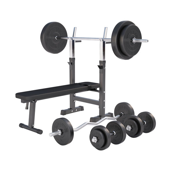 Hantelbank schwarz mit Langhantelset 100kg