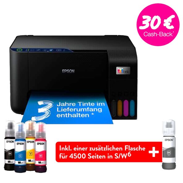 Tintenstrahldrucker EcoTank, von vorne leicht schräg aufgenommen, in Weiß und Grau. Papierausgabe unten, Bedienfeld oben rechts. Herstellerlogo vorne mittig.