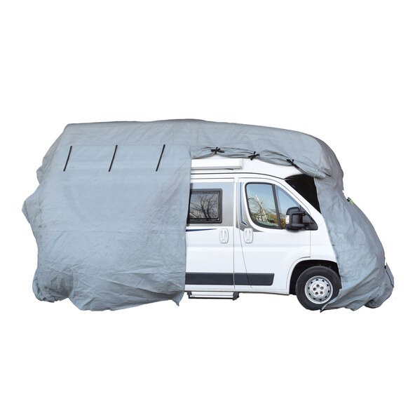 Wohnmobil Schutzhülle: Helle, atmungsaktive Abdeckung für ein Wohnmobil, schützt vor Witterungseinflüssen, Details wie Reißverschlüsse und Befestigungsgurte erkennbar.